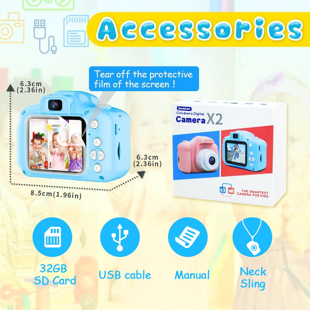 Seckton Upgrade Kids Selfie Camera, Christmas Birthday Gifts for Boys Age 3-9, HD Digital Video Cameras for Toddler, Portable Toy for 3 4 5 6 7 8 Year Old Boy with 32GB SD Card-Blue