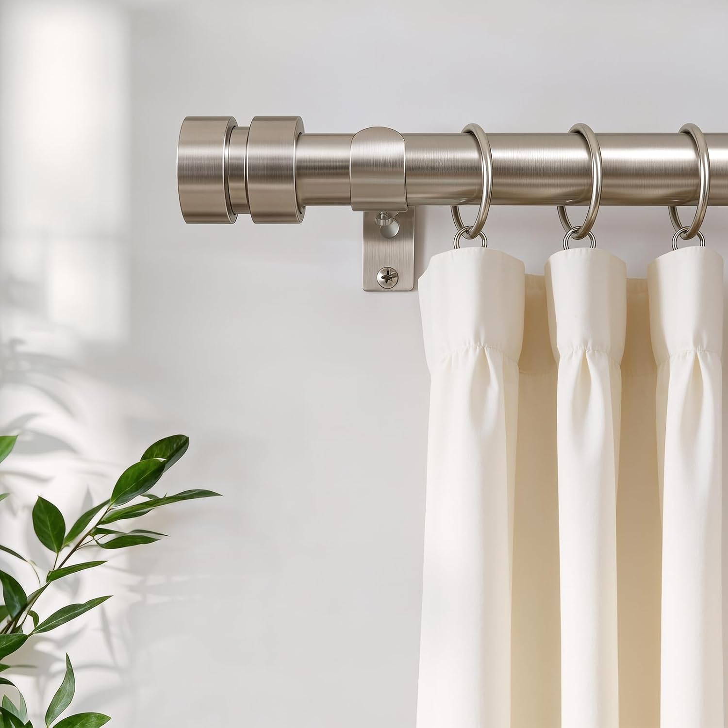 Brushed Nickel Curtain Rods with Solid Metal Finials 66 to 120 Inches Adjustable Heavy Duty 1 Inch Silver Curtain Rod for Windows, Modern Decorative Style for Bedroom Kitchen Living Room