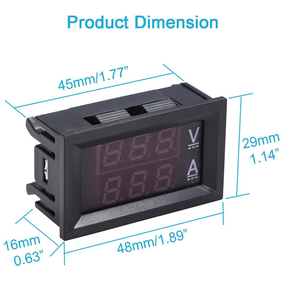 Paquete de 2 voltímetros y amperímetros digitales de 0,28 pulgadas, medidores de voltaje y corriente de 100 V CC y 10 A, con pantalla LED dual azul y roja de 3 bits