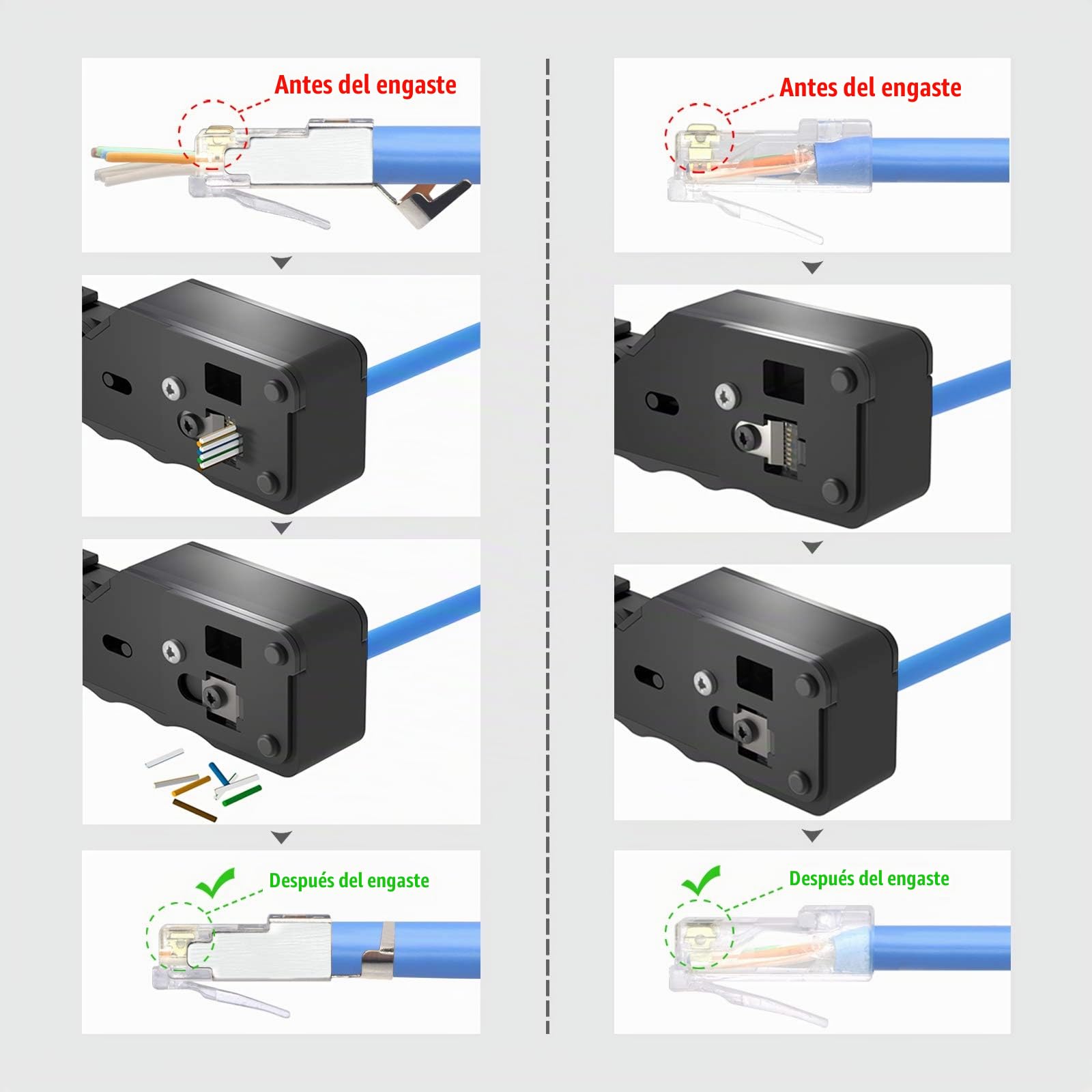 VCELINK GJ671 Kit de Crimpadora RJ45 Profesional Compatible con CAT7/CAT6A/CAT6/CAT5E/CAT5, Incluye Comprobador RJ45, Pelacables, 20 x Conectores RJ45, Alicates de Corte, Hojas de Repuesto | Crimpadora RJ45, 20 conectores RJ45, Cat7 Pass Through, comproba