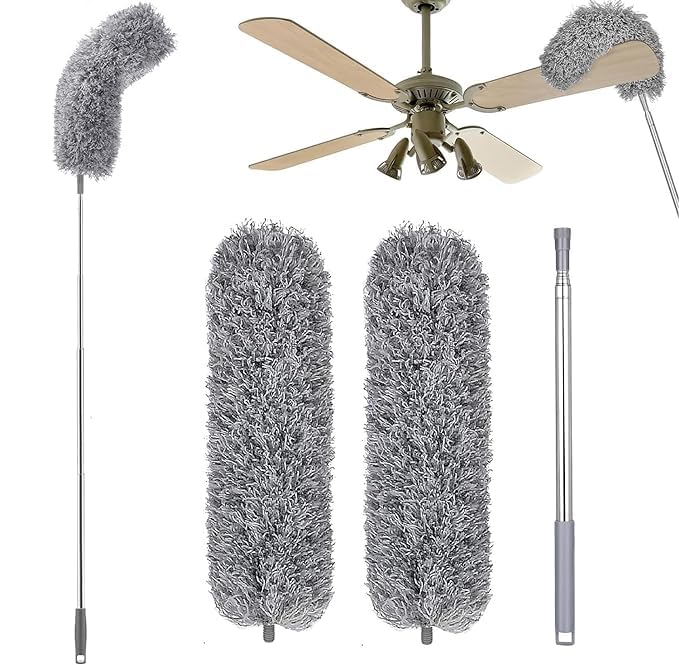 Image of Microfiber Extendable Feather Dusters for Cleaning High Ceiling Duster, 1Pcs 100 inch Extension Pole & 2pcs Replaceable Bendable Head, Fan Mop for Cleaning High Ceiling Fans, Blinds, Cobweb (Grey)
