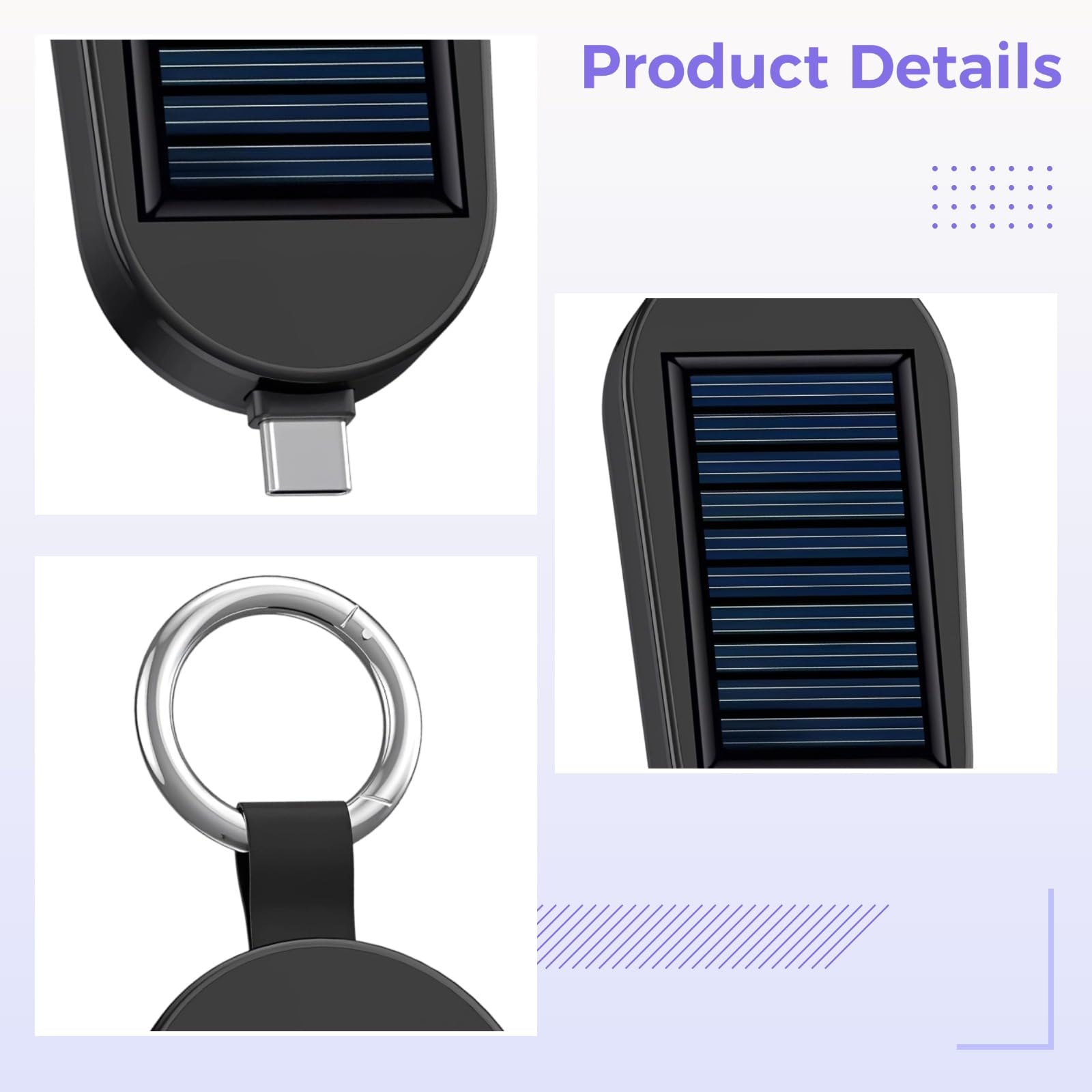 Batterie Externe Solaire Porte-clés, Chargeur Portable Mini Type-C 2000 mAh, Power Bank d'urgence avec connecteur USB-C intégré, Anneau en métal, 8,5 x 4,2 x 1,6 cm pour téléphone et Montre connectée