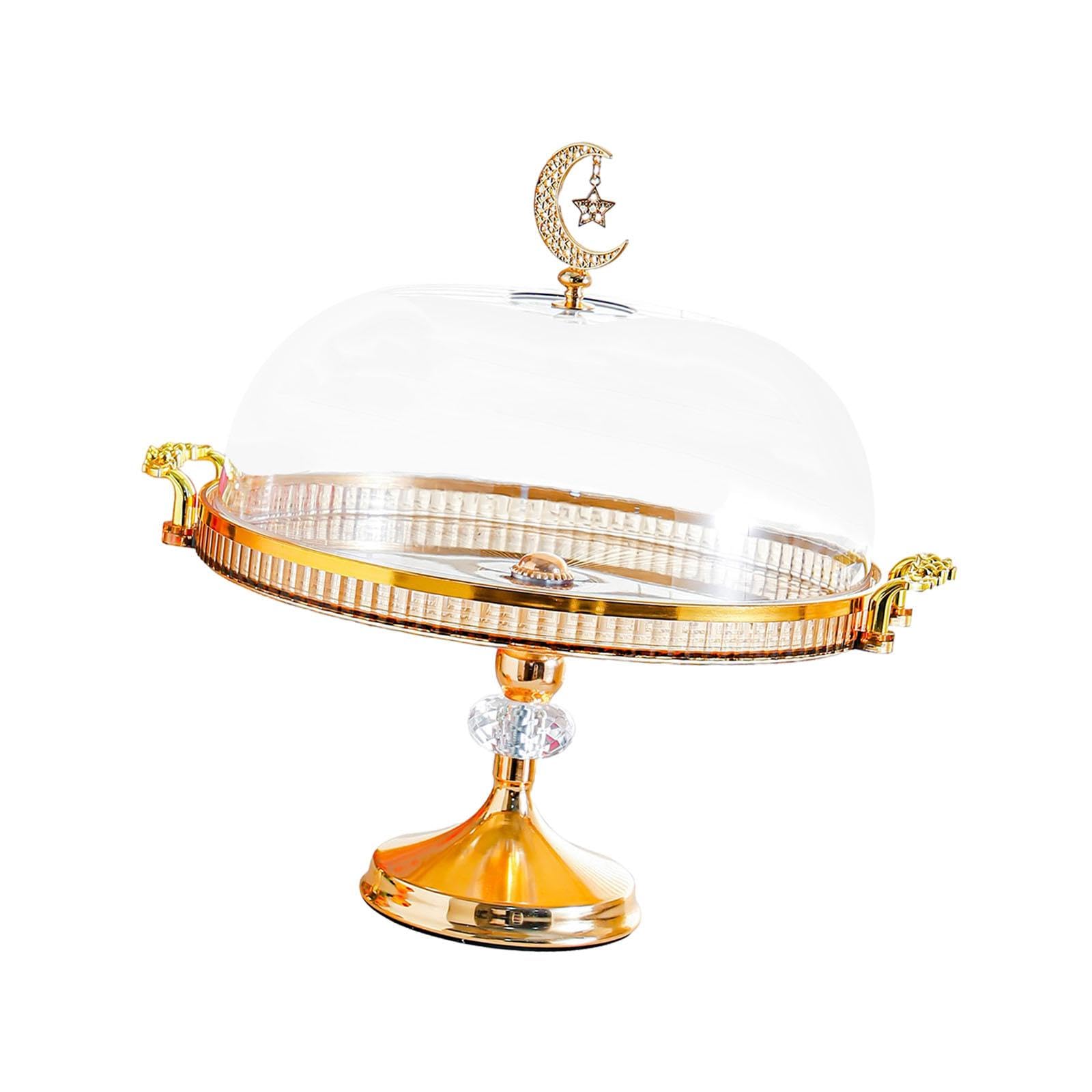 Présentoir à Gâteau avec Cloche Plateau à Dessert Plat de Service Support à Pâtisserie En PP Résistant Poignée Décorative Or et Fleurs Couvercle Hermé, Ambre