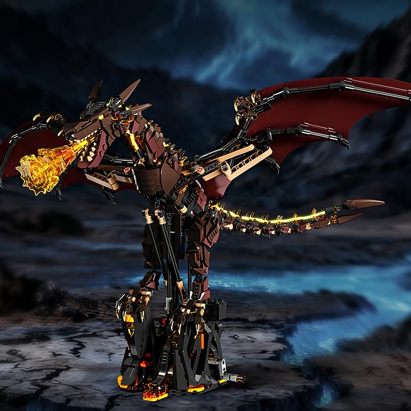 Image of SKY LINE OCEAN Fire Dragon Building Set with Display Stand - 1439 PCS Dragon Construction Model Kit, Rotatable Wings & Joints, Collectible Building Bricks for Teens & Adults (Ages 8+)