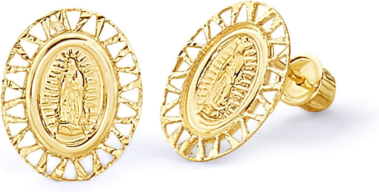 14k REAL Yellow Gold Our Lady Guadalupe Stud Earrings with Screw Back