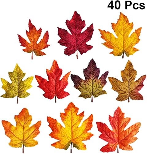 Miniatura 6 de Amosfun 40 hojas de arce artificiales para decoración de hojas de otoño de Acción de Gracias, hojas de otoño para arte, álbumes de recortes, boda,