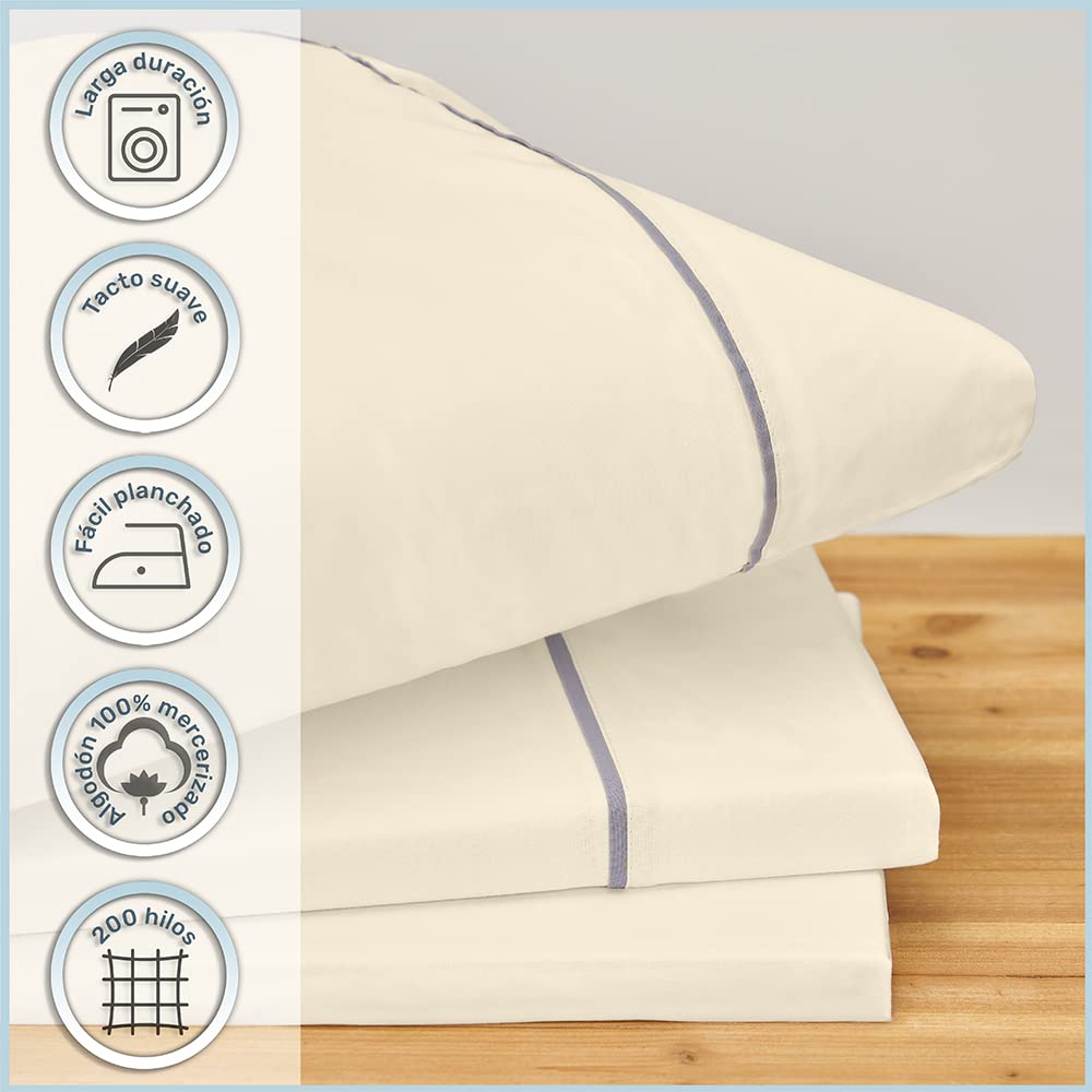 DECASATEXTIL- Juego de sabanas 100% Algodón Percal de 200hilos – Algodón Mercerizado de Alta Densidad – Suaves y cómodas para un Descanso de Calidad. (Cama 150x190/200cm, Natural)