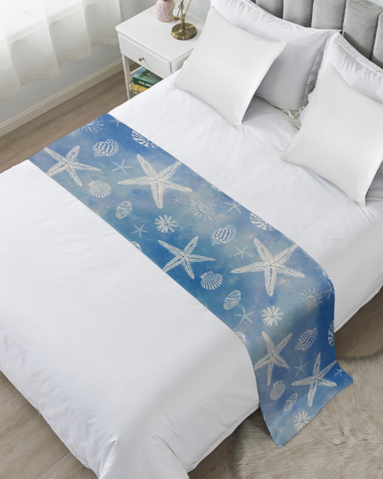 ChucocoBed Runner for Queen Size Bed, Summer Ocean Starfish Hotel Bed Runners Scarves Watercolor Coastal Marine Life 94x20In Decorative Bedding Scarf for Home Bedroom Guestroom Decor Blue Burlap