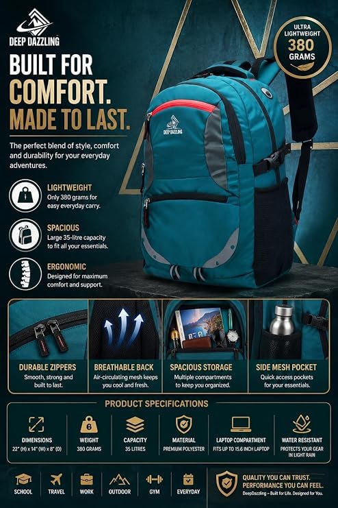 Image of 35L Large Laptop Backpack For Men & Women with Bottle Pocket | Padded Shoulder Straps, Multi Compartments | Travel,Office School & College Bag |Backpack,Heavy-Duty Zippers.