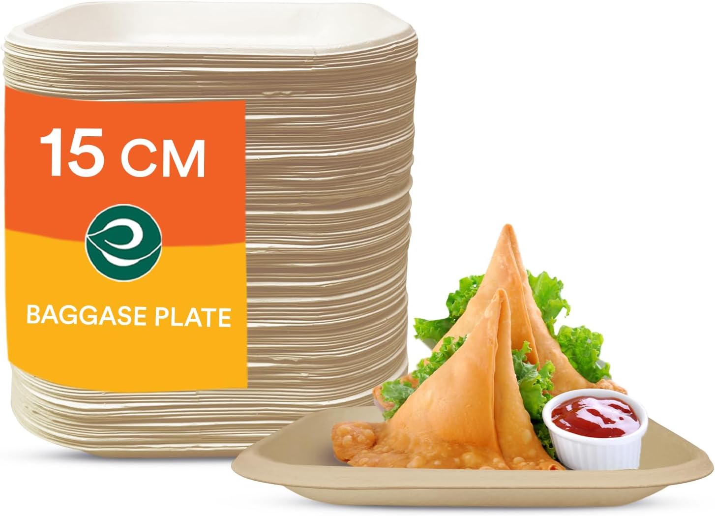 ECO SOUL [6 inch, 100 Pack Disposable Bagasse Plates | Eco-Friendly, Biodegradable, Sugarcane Paper Plates | for Serving Snacks | Birthday, Wedding & Party | Square, Beige (15 cm)