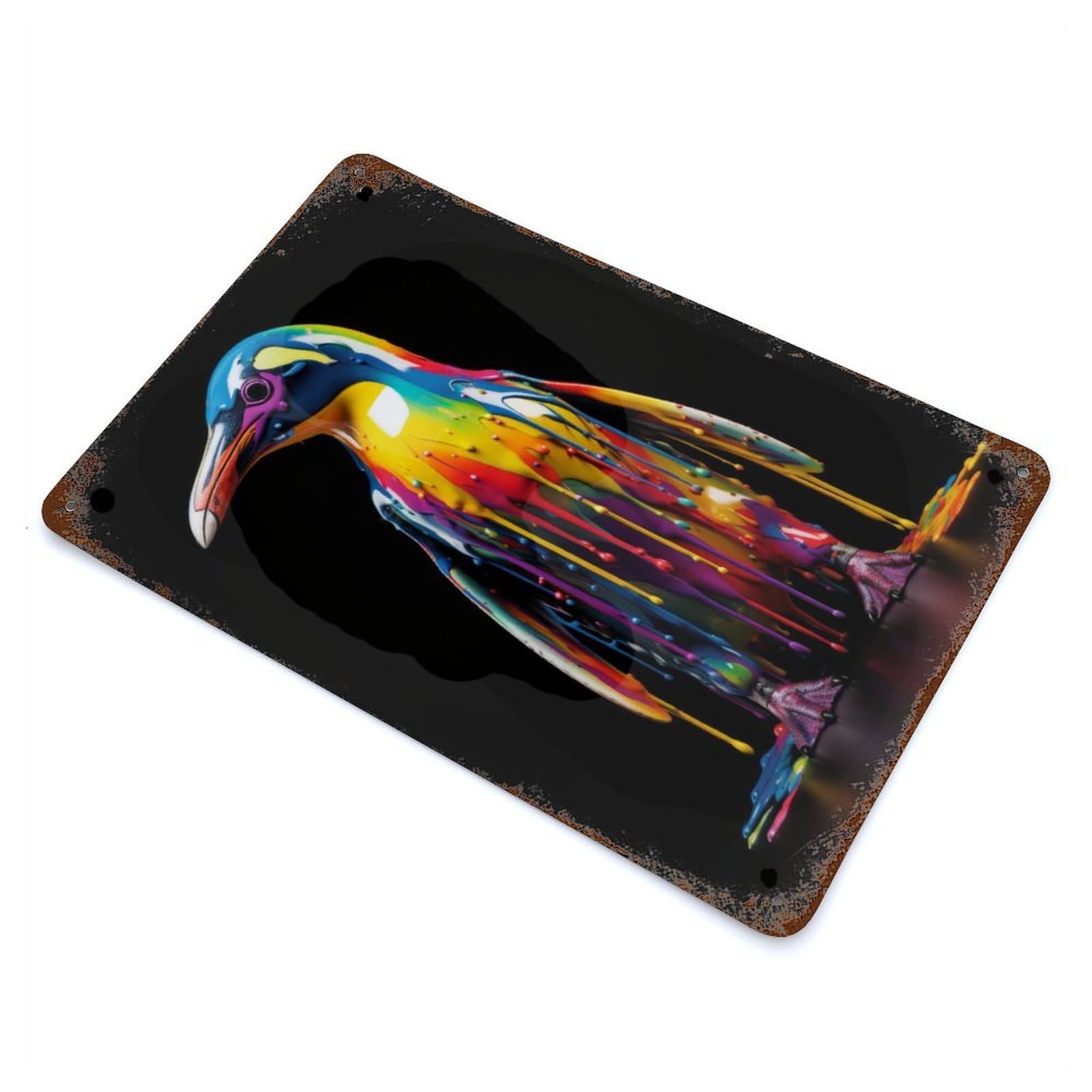 Rainbow Penguin Aged Metal Wall Plaque 11.8"x7.9", Industrial Home Decor for Pub, Kitchen And Man Cave Decor