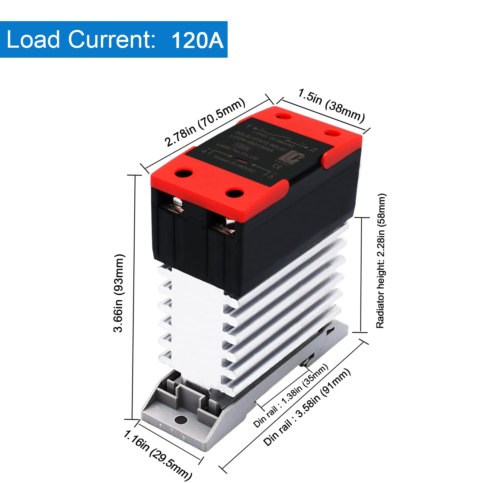 Relè a stato solido montato su guida DIN monofase SSR con dissipatore di calore AC a AC 120A, carico resistivo ≤60Amp, carico induttivo ≤20Amp