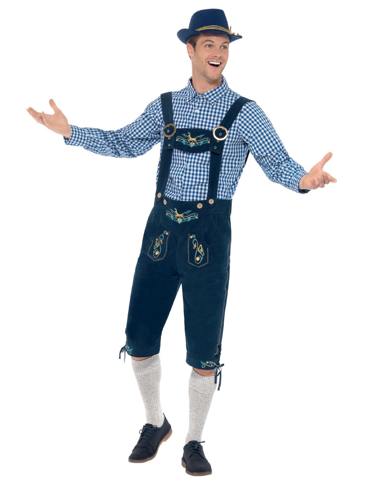 Smiffys Deluxe Bavarian Costume for Men Blue Oktoberfest Outfit with Lederhosen & Shirt Traditional German Beer Festival Fancy Dress Costume Adult Alpine Bavarian Costume for Parties Medium
