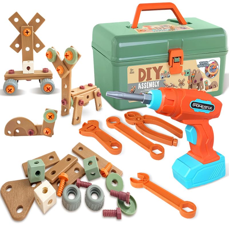 LEZKIDOL 154 peças caixa ferramentas brinquedo com chave de fenda elétrica, Montessori construção educativos brinquedos, ferramentas presente para meninos meninas 3 4 5 6 anos