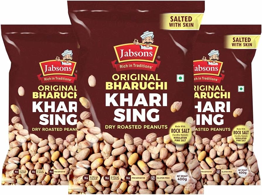 Khari Sing with Skin Salted Peanuts | Dry Roasted Peanuts Contains Sendha Namak | Himalayan Rock Salt Vaccum Packed Moongfali, No added Oil | Bharuch Roasted Tasty Peanuts | 400g (Pack of 3)