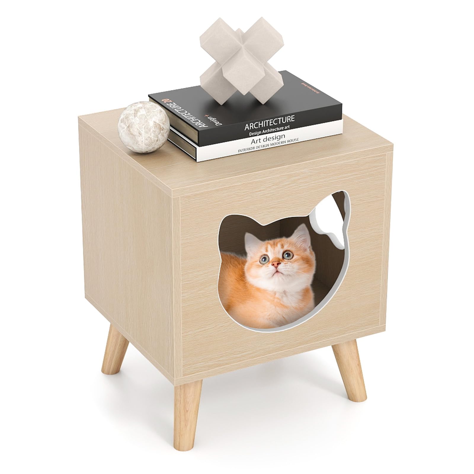 COSTWAY Mueble Arenero para Gatos Medianos, 45 x 40 x 54 cm, Cajas de Arena para Gatos con Tapa Desmontable, Agujero y Ventana, Patas de Madera, Mesa Auxiliar Gato para Salón, Entrada, Dormitorio