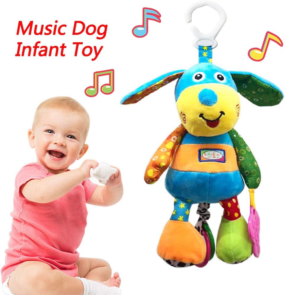 Baby Music Toys for 0 3 6 9 12 Months - Infant Newborn Soft Music Hanging Baby Crib Stroller Activity Plush Puppy Toys Squeaky Ear Sensory Teething Developmental Toy for Baby Boys Girls