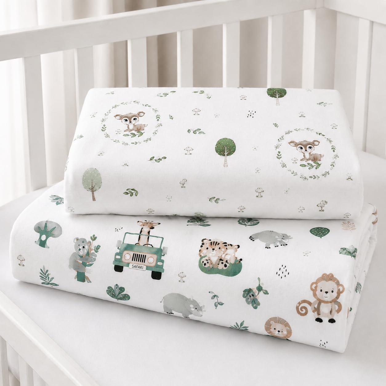 BABYMAM 2 Pack 100% Cotton Printed Fitted Cot Bed Sheets 120x60 cm Soft Breathable Elasticated Baby Cot Sheets Assorted Designs, On safari & Fairy tale forest
