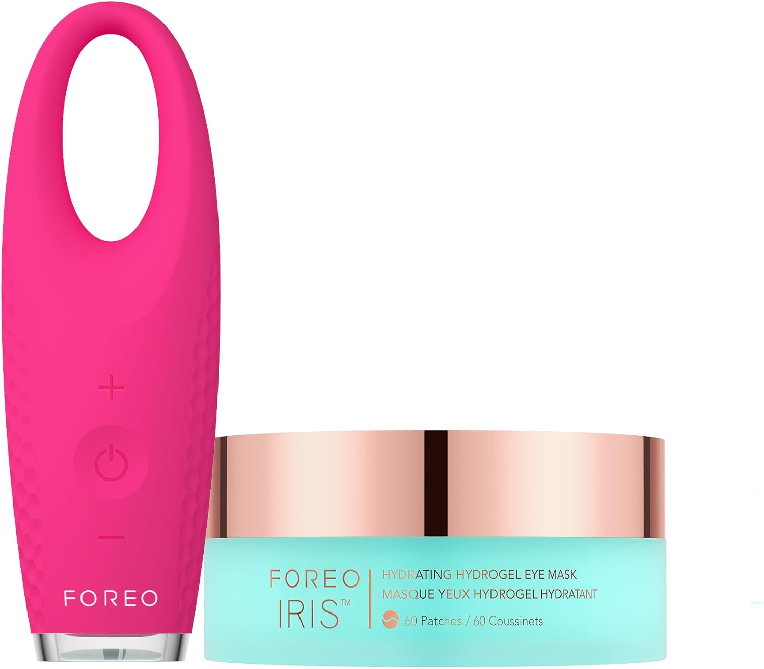 FOREO Eye Revive IRIS 2 Bundle - Lymphatic Drainage Eye Massager IRIS Hydrating Hydrogel Eye Mask, 60 pcs Dark Eye Circle Remover & Eye Bags Remover - Eye Puffiness Reducer - Fuchsia