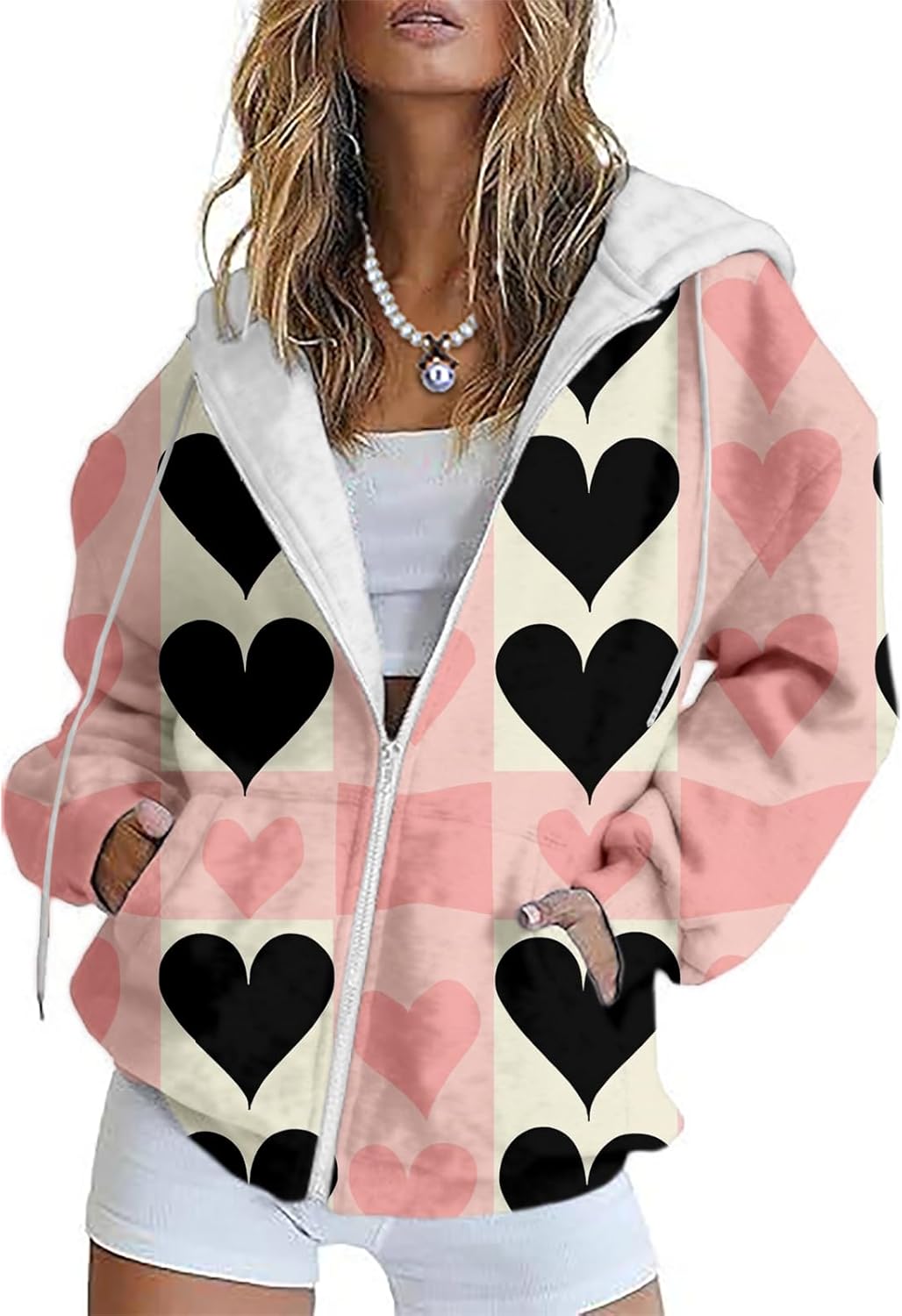 MARSVOVO Cute Love Heart Hooded Sweatshirt Women Dressy Casual Zip Up Hoodies Spring Fall Long Sleeve Blazers Jackets
