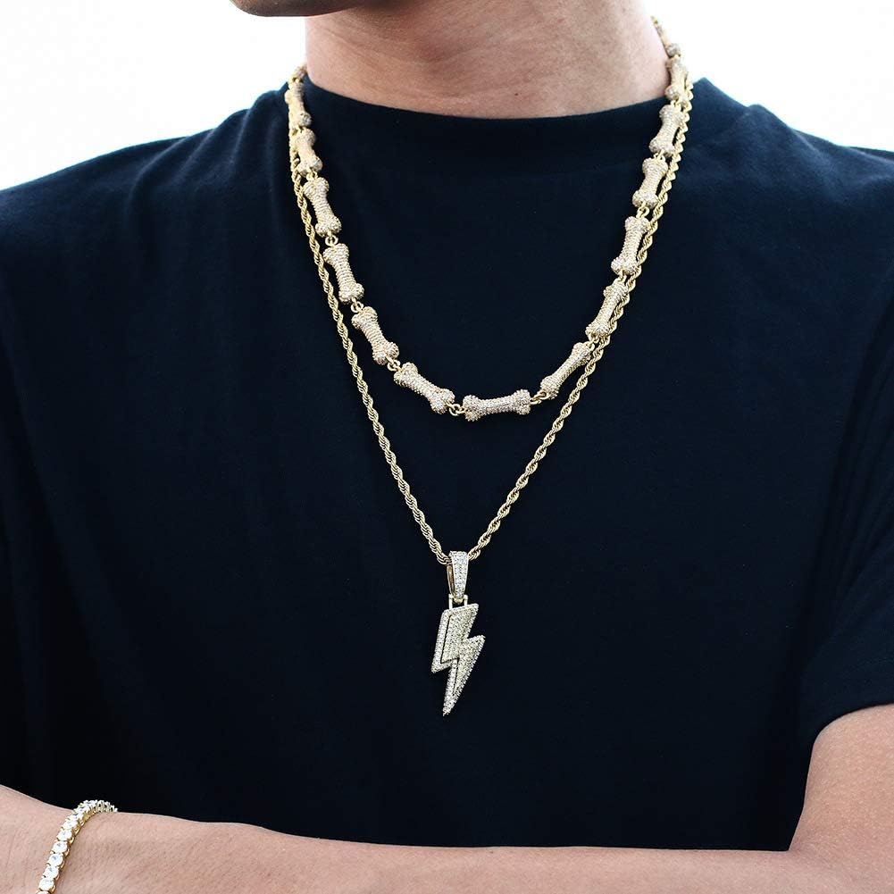 TUHE 18K Gold Plated AAA CZ Iced Out Lightning Bolt Design Pendant Necklace for Men Women Simulate Diamond Accents Bling Bling Hip Hop Charm Necklace with Stainless Steel Rope Chain in Platinum Plated