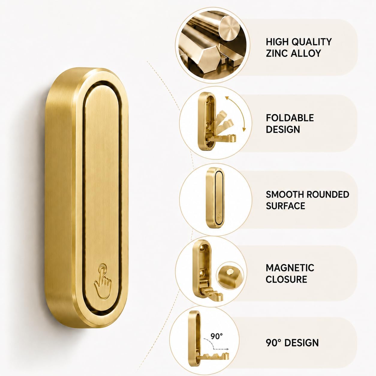 Heavy Duty Folding Wall Hooks, 2 Pack Metal Coat Hooks, Gold