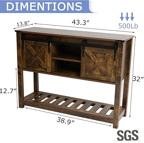 Miniatura 2 de Mesa de entrada de granja con puertas corredizas de granero, mesa consola de madera con estante de almacenamiento, mesa de sofá rústica para sala de