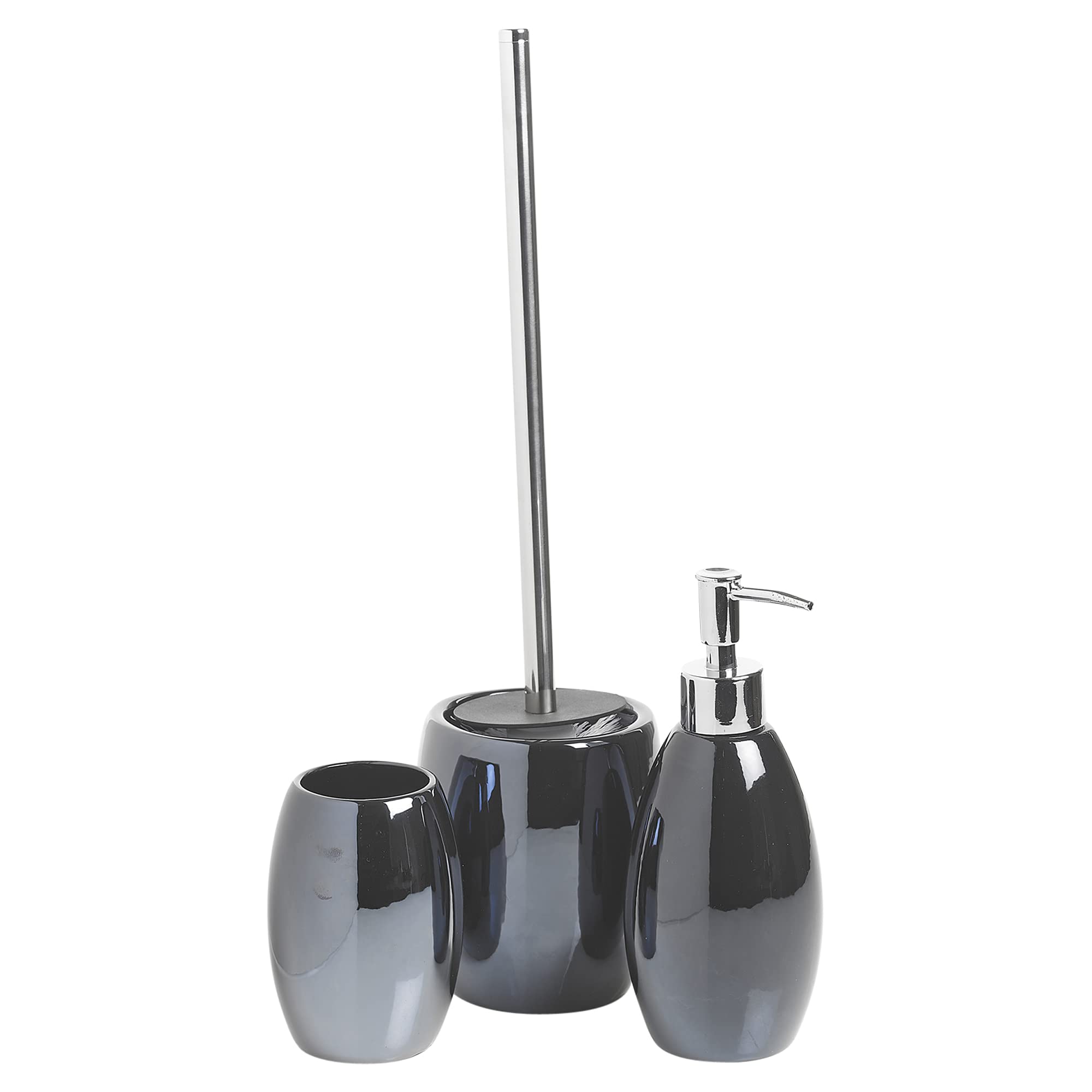 URBNLIVING 3pcs Ceramic Shiny Colour Matching Bathroom Dispenser Tumbler Toilet Brush Set (Black, One Of Each)