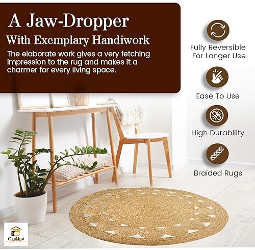 Miniatura 7 de Alfombra de yute de 3 x 3 pies, colección redonda de fibra natural, hecha a mano, con dijes bohemios, estilo campestre, de yute, suave alfombra