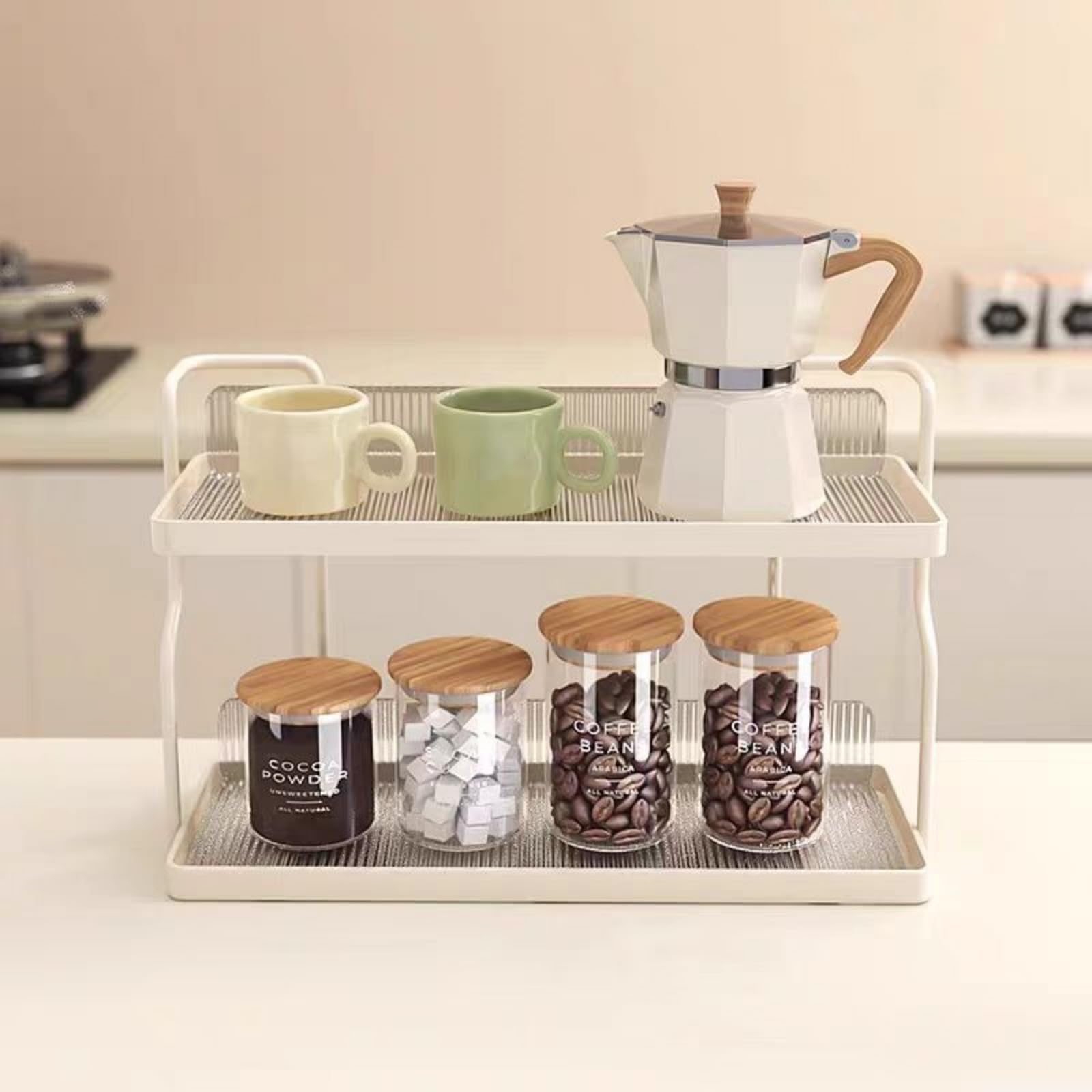 2-stöckiger Arbeitsplatten-Organizer, Freie Installation, Gewürzregal, Klarer Acryl-Hautpflege-Organizer, Vielseitiger freistehender oder wandmontierter Kaffee-Organizer-Station