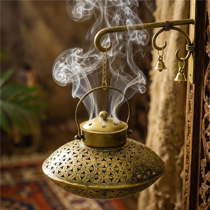Image of Iron Antique Brass - Decor Incense Holder Dhoop Degchi Pot with Brass Bells Wall Hanging with - Oval Shape| Big Size lobhan Dhani Wall Mounted Burnner - Set of 1 - Gold