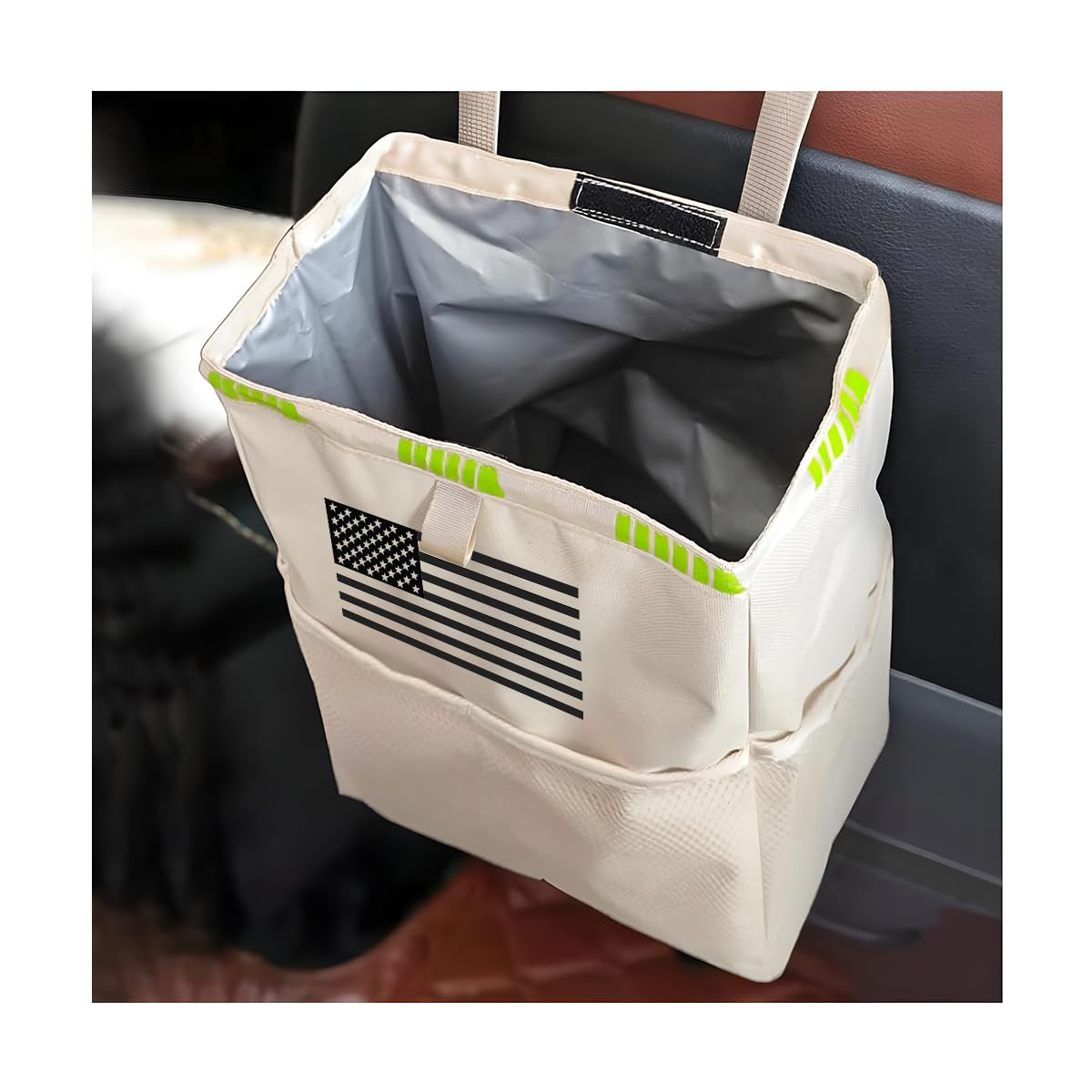 fekey&jf hanging car trash can with storage pockets, waterproof leakproof oxford auto garbage bag, multi-use organizer for outdoor traveling, foldable trash bin for truck, suv, home (beige-black)