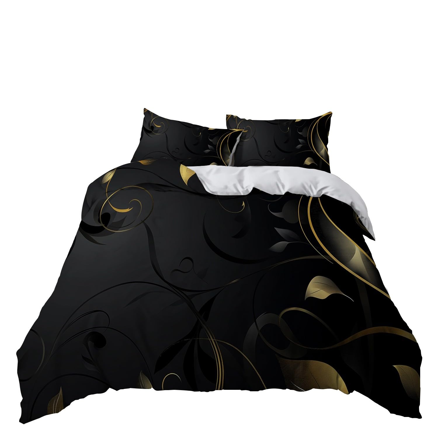 Funda nórdica 220 x 240 cm Flores Negras Y Doradas, Juego de Ropa de Cama para Lujo 3 Piezas, Incluye 1 Funda nórdica y 2 Fundas de Almohada 50 x 75 cm