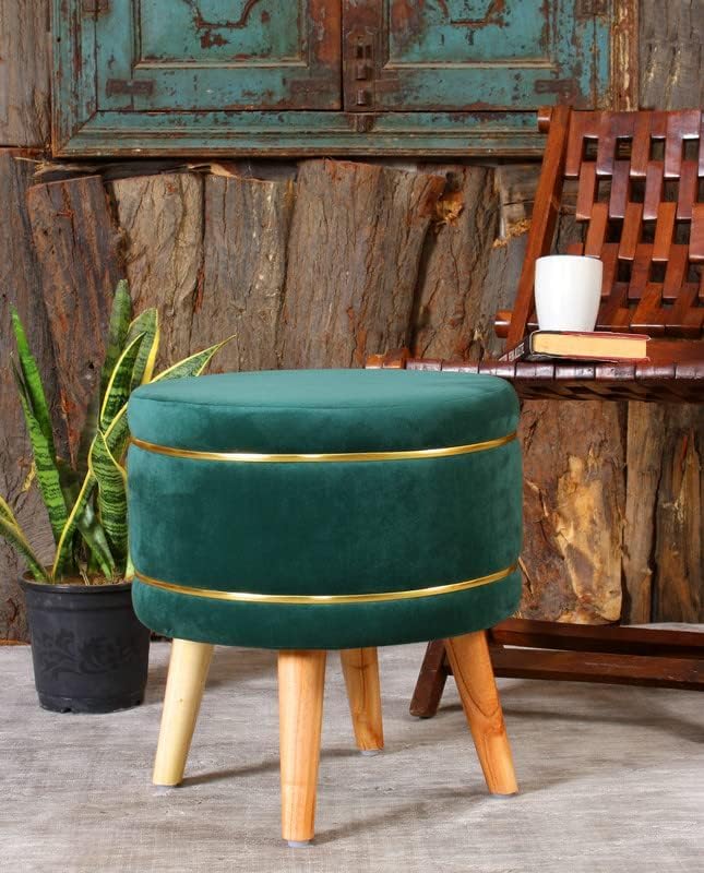 Round Ottoman Pouffe Stool with Storage – Artificial Leather Foot Rest with Sturdy Legs, Small Round Stool for Living Room & Bedroom,(18x17x18 Inch). (Green)-image-12