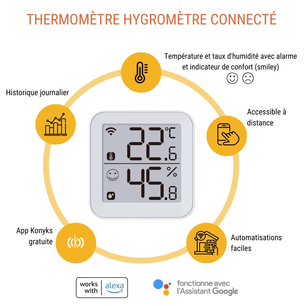 Konyks Termo 2, Thermomètre Hygromètre connecté Wi-Fi, Grand écran, Lecture à distance, déclenche d'autres appareils Konyks en fonction des mesures, Compatible Alexa et Google Home