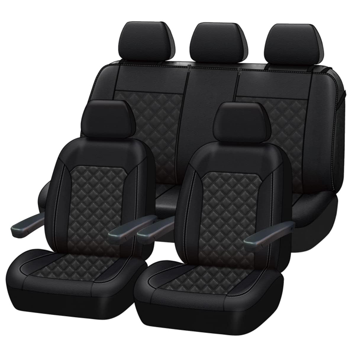 Flying Banner car seat Covers Set Faux Leather Quilted Fashion Easy Bench Split Protectors Sport Fashion (Solid Black, Full Set - Low Back - Front Arm Rest)