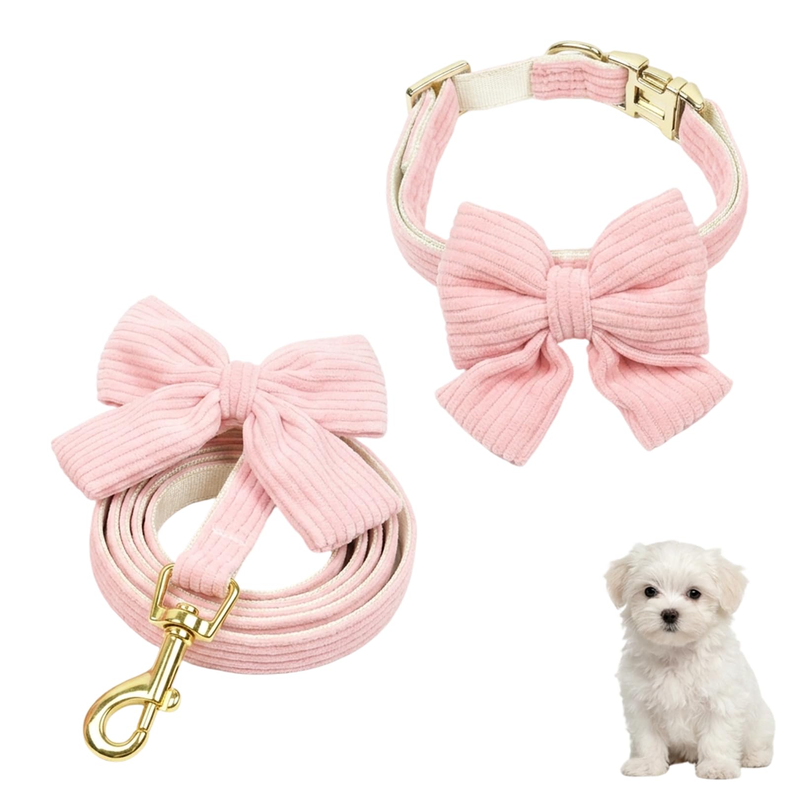 Puppy Collar and Lead Set, Dog Collar with Bow, Adjustable Dog Collar with Metal Buckle, Puppy Collar Included Cute Girl Dogs Collars, for Daily Walks and Special Occasions(Pink, S)