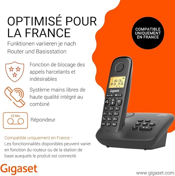 Gigaset Start 120A - Téléphone DECT sans Fil avec répondeur, Blocage d’appels, Écran rétroéclairé de 1,5", appels Mains Libres, Jusqu'à 11 Heures d'autonomie, Anthracite [Version Française] - 2