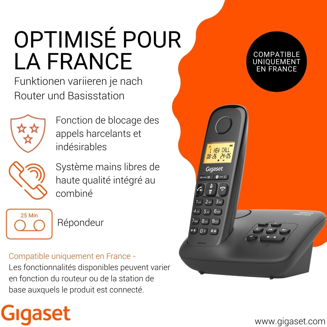 Gigaset Start 120A - Téléphone DECT sans Fil avec répondeur, Blocage d’appels, Écran rétroéclairé de 1,5", appels Mains Libres, Jusqu'à 11 Heures d'autonomie, Anthracite [Version Française] - 2