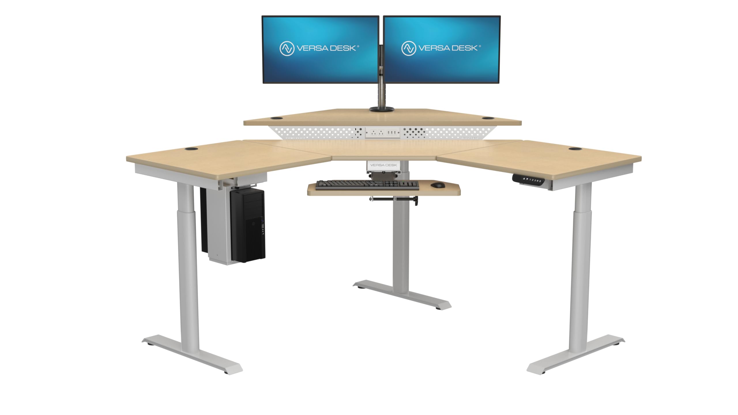 VERSADESK 60" x 60" Electric L-Shaped Corner Standing Desk, Commercial Grade Height Adjustable Sit Stand Workstation, Ergonomic Computer Desk for Home Office, White Frame, Maple Surface