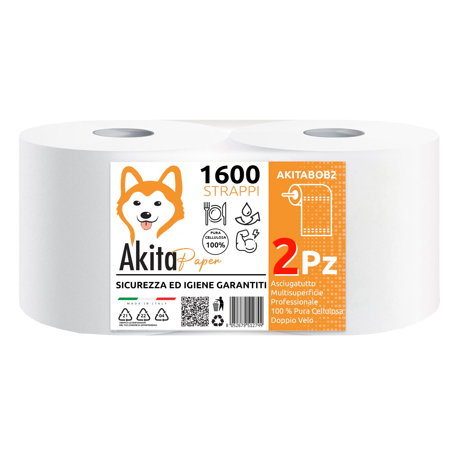2 Rotoli Carta Asciugatutto 1600 Lunga Durata Extra Resistente Bobina carta Asciugatutto 2 veli pura cellulosa Microgoffratura Rotoloni asciugatutto uso alimentare casalingo industriale
