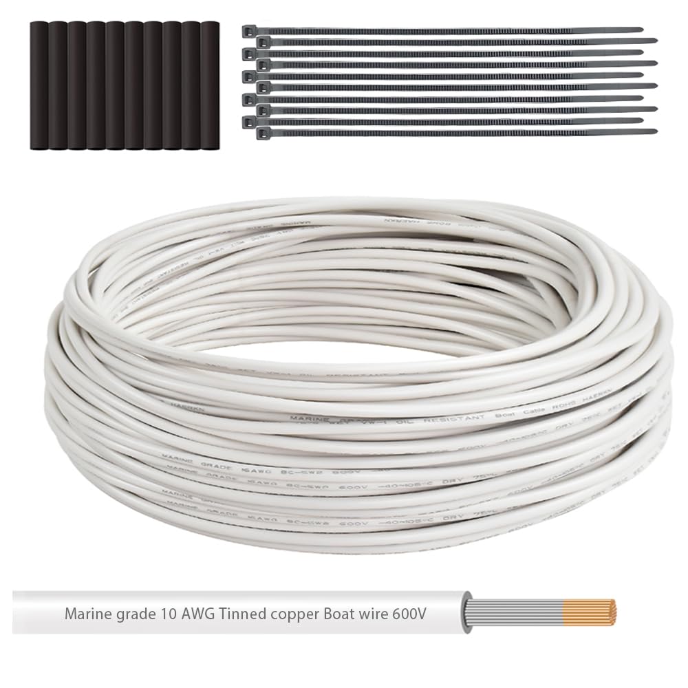 Matugajp 10 Gauge Marine Grade Primary Wire Tinned Copper Boat Cable, 30 feet 10 AWG Standard OFC Oxygen Free Copper Wire for Marine Automotive Boat RV Camper Trailer Outdoor White