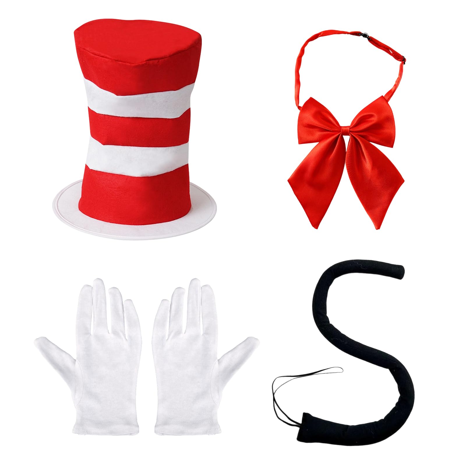 Orizizhic Crazy Cat Fancy Dress Costume with Red White Striped Hat Bowtie Cat Tail Gloves, Fancy Dress Carnival Costume Set for World Book Day Cosplay Costumes
