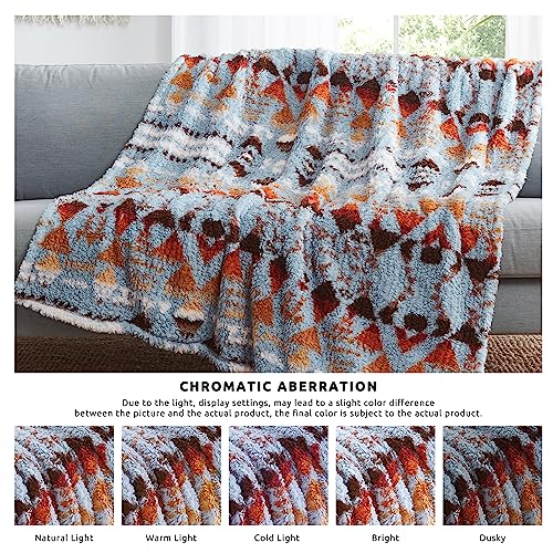 CASAAGUSTO Boho Sherpa Blanket,Teal Aztec Twin Blanket, Ultra Soft, Warm, Cozy, Plush, Thick Fleece Western Blanket for Couch, Bed, Sofa (Blue Grey 60 * 80 Inch)