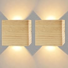 CHEVVY 2 Pieces LED Wall Light Interior 7 W Wood, Warm White 3000 K Vintage Wall Sconce, Small Square Lamp for Bedroom Hallway