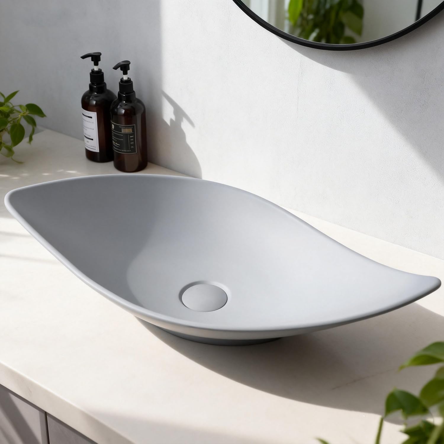 Lavello da bagno con scarico pop-up, 66 cm, in resina di pietra, lavabo sopra il bancone, moderno, irregolare, rettangolare (grigio)