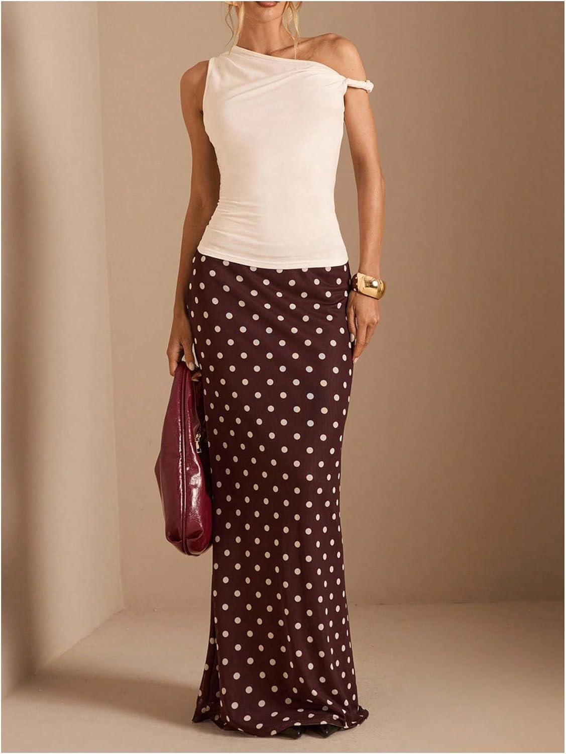 WDIRARA Women's Polka Dots Maxi Skirt Vintage Elastic Waist Fishtail Long Skirt - Image 5