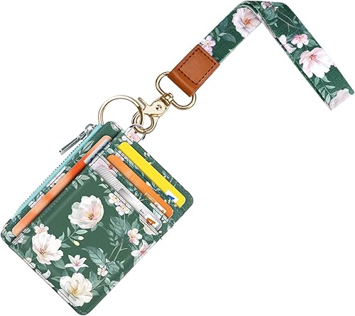 WAVEYU Bonita funda para tarjetas de crédito con llavero para la muñeca para mujeres y niñas, cartera delgada con cordón con 6 ranuras para