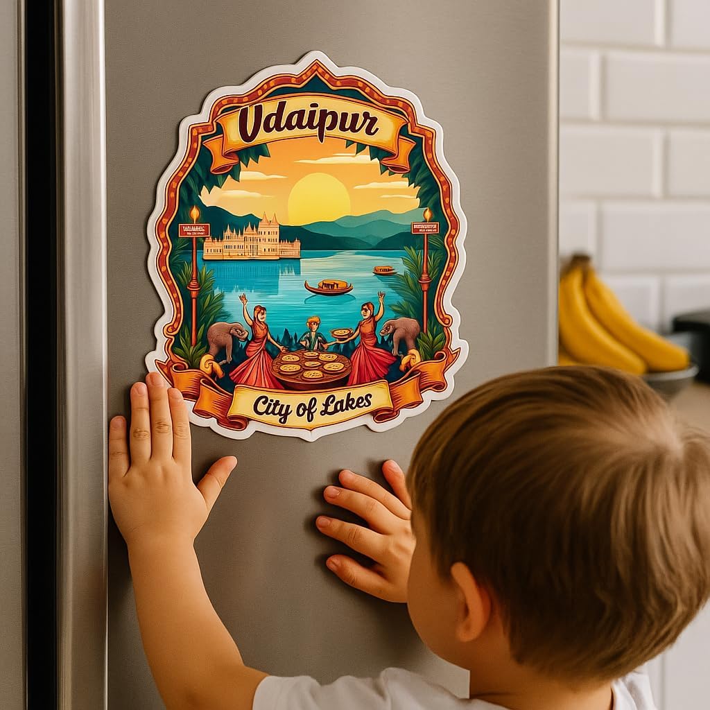 Naxon Udaipur City of Lakes Fridge Magnet | Beautiful Rajasthan Travel Souvenir | Lake Pichola City Palace Jag Mandir Magnet | Home Kitchen Office Decor | 3x3 Inch Wooden Multicolor Gift | Pack of 1