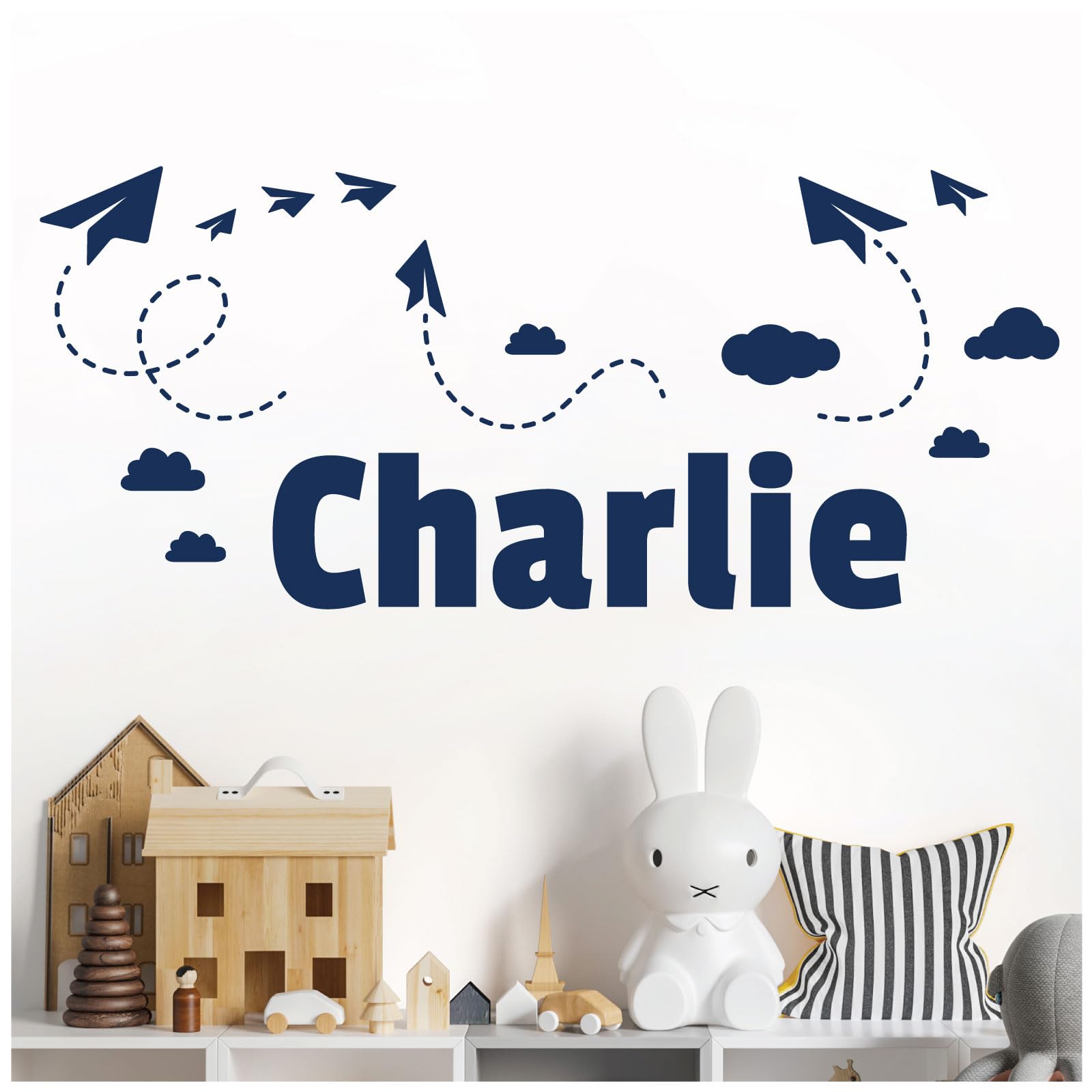 Personalised Name Children Wall Art Sticker - Sky, Paper Planes and Clouds [Medium] [Cobalt]